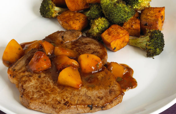 Pork Chops with Balsamic-Peach Glaze, Roasted Sweet Potatoes and Broccoli