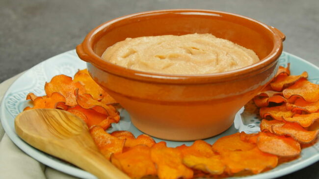 Buffalo White Bean Hummus with Oven-Baked Sweet Potato Chips