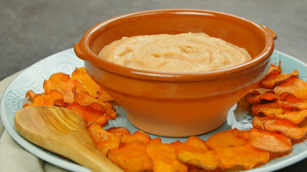 Buffalo White Bean Hummus with Oven-Baked Sweet Potato Chips